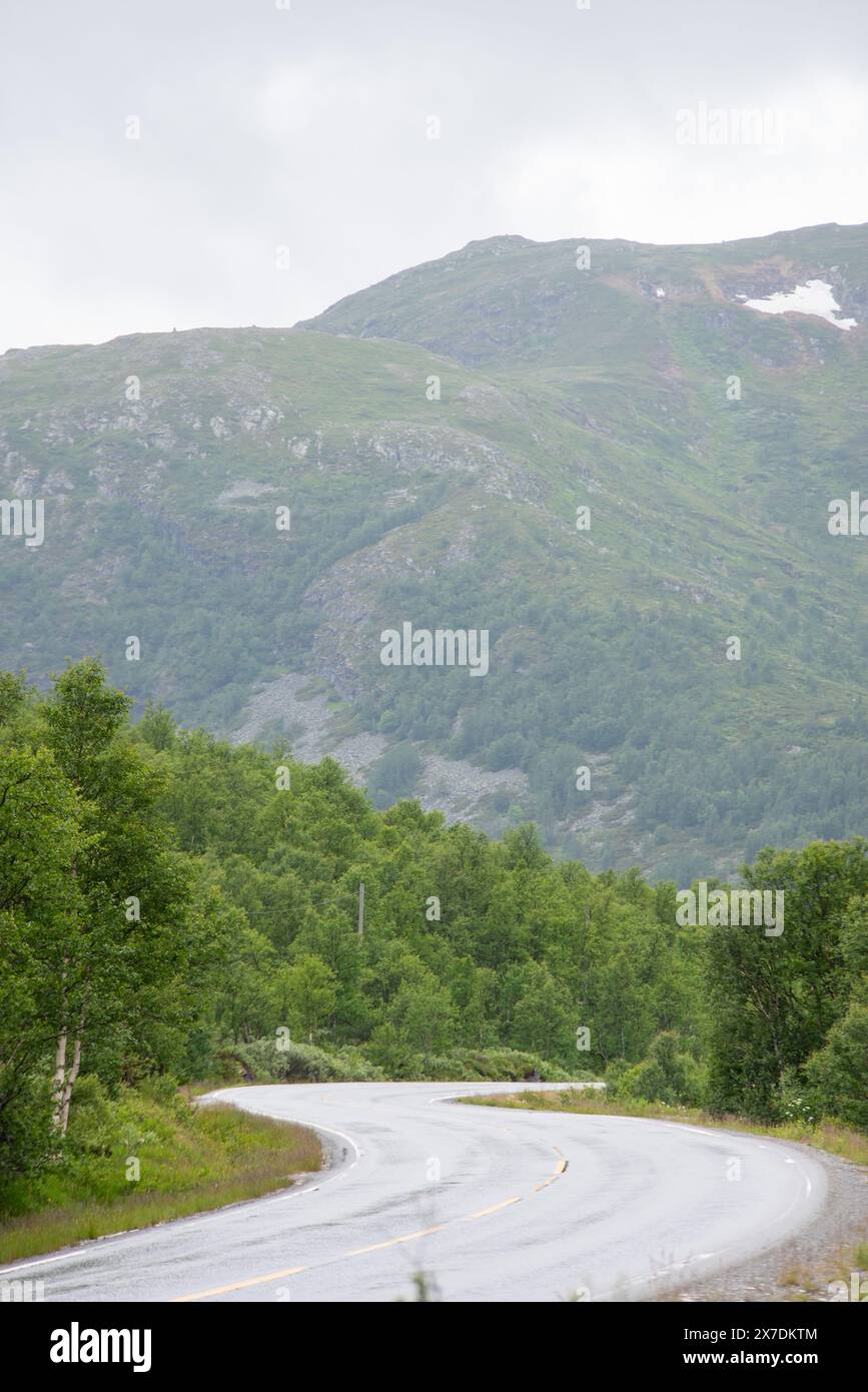 Gewundene Bergstraße in Norwegen mit Blick auf große Fjorde an einem nebeligen, regnerischen Sommertag. Stockfoto
