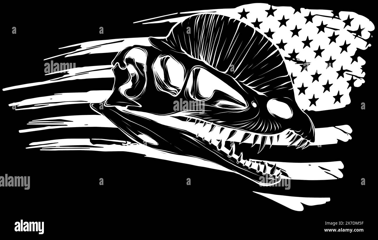 Graphischer Schädel von dilophosaurus in weißer Linie auf schwarzem Hintergrund Stock Vektor