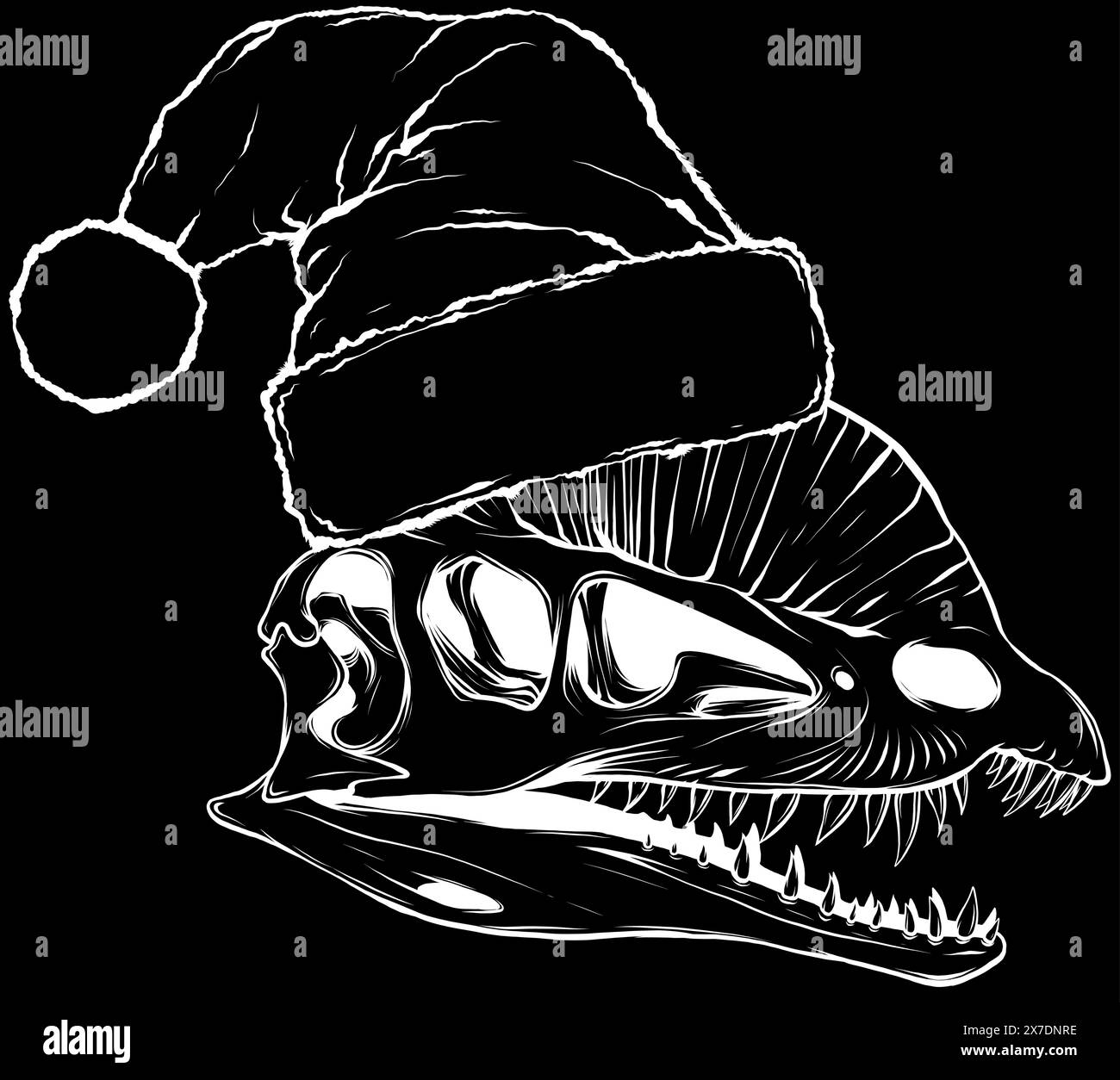 Dilophosaurus Schädel in weißer Linie auf schwarzem Hintergrund Stock Vektor
