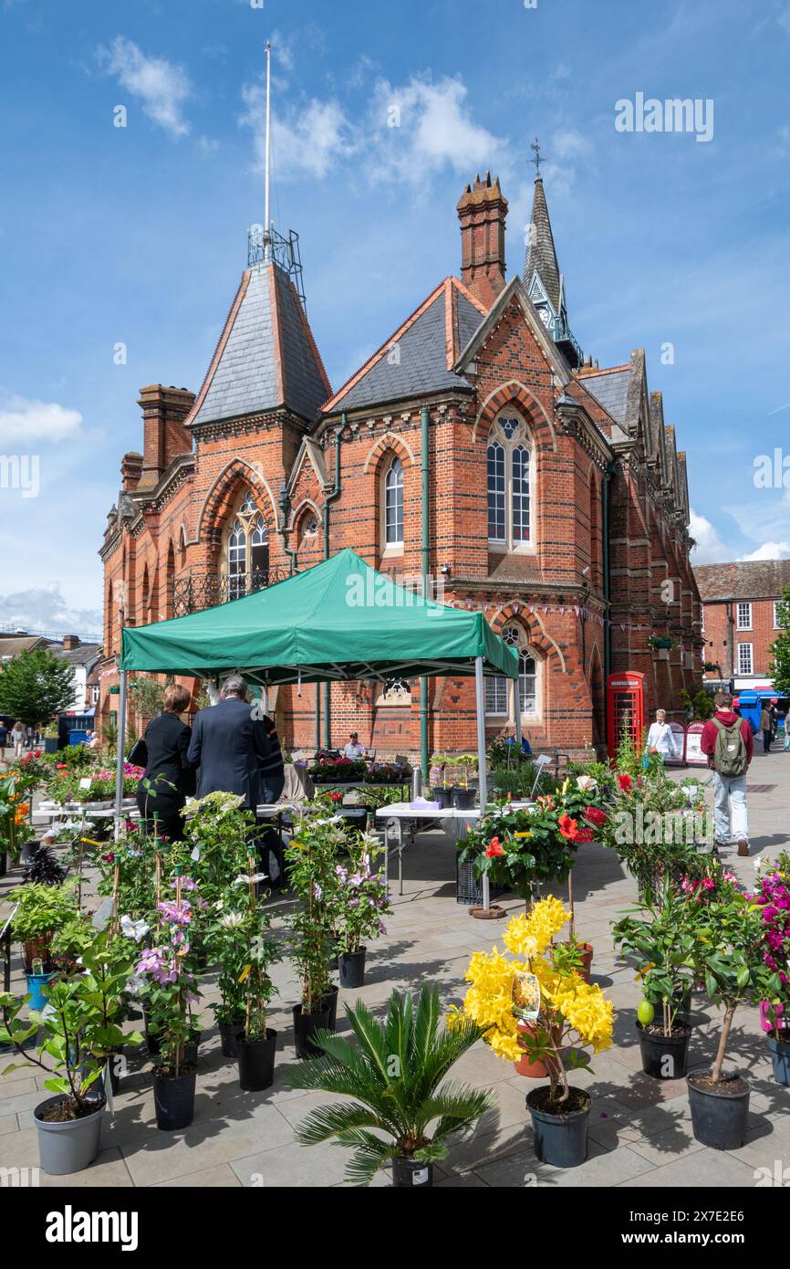 Wokingham Town Hall im Stadtzentrum von Berkshire, England, Großbritannien, mit einem Marktstand, an dem Blumen verkauft werden Stockfoto