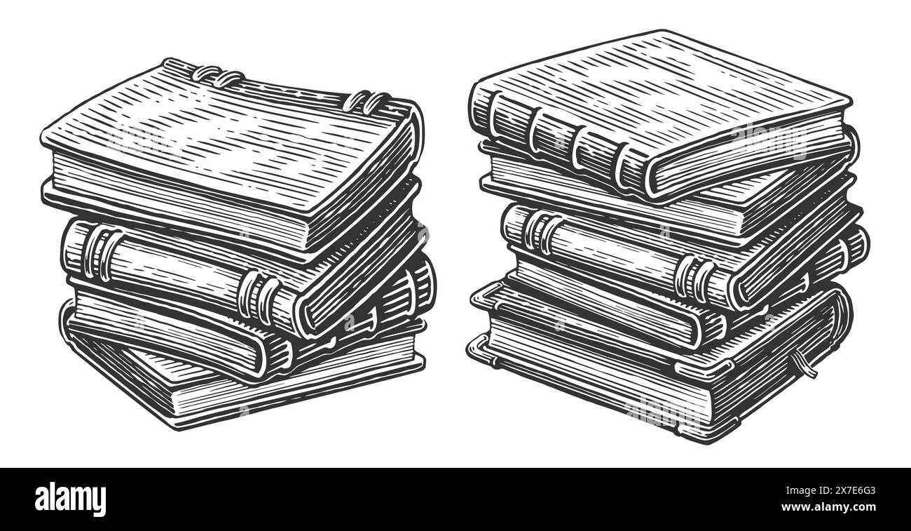 Stapel von Büchern. Stapel verschiedener Lehrbücher in Hardcover. Skizzieren Sie Zeichnungen im alten Vintage-Stil Stock Vektor