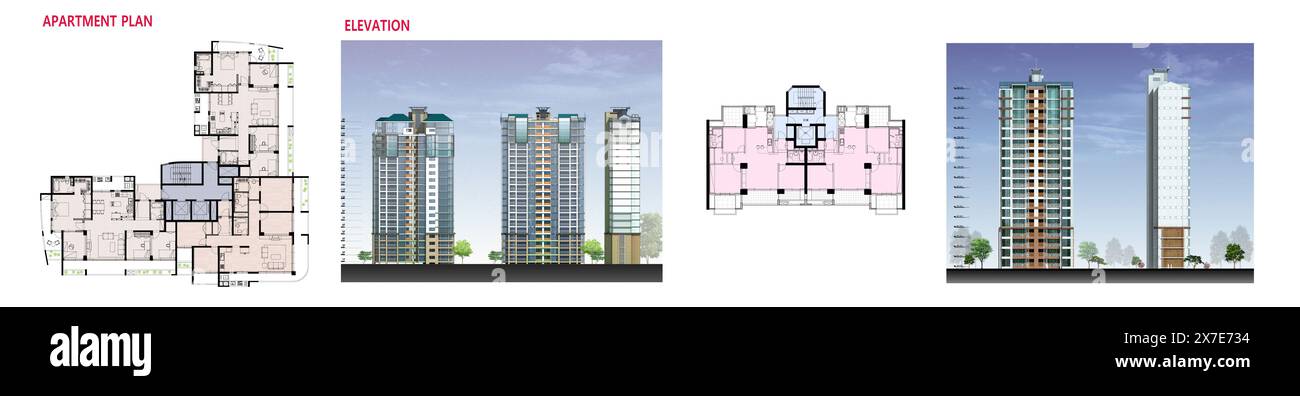 Architektonische Illustration des flachen Grundrisses und der modernen Höhe der Wohnung Stockfoto