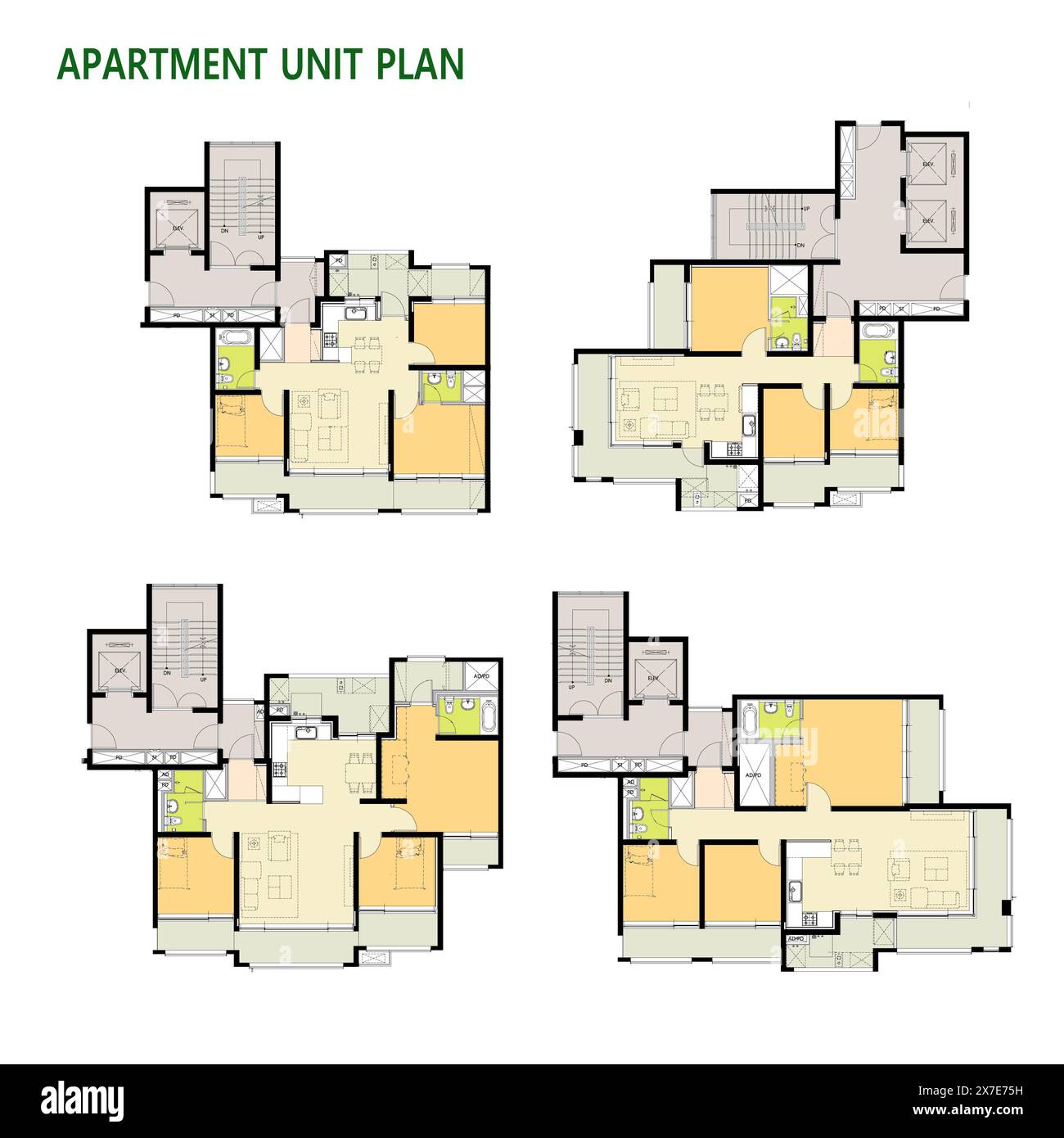 Architektonische Illustration eines modernen Apartments mit Möbeln in Wohnzimmer, Zimmer, Küche, Esszimmer und Balkon Stockfoto