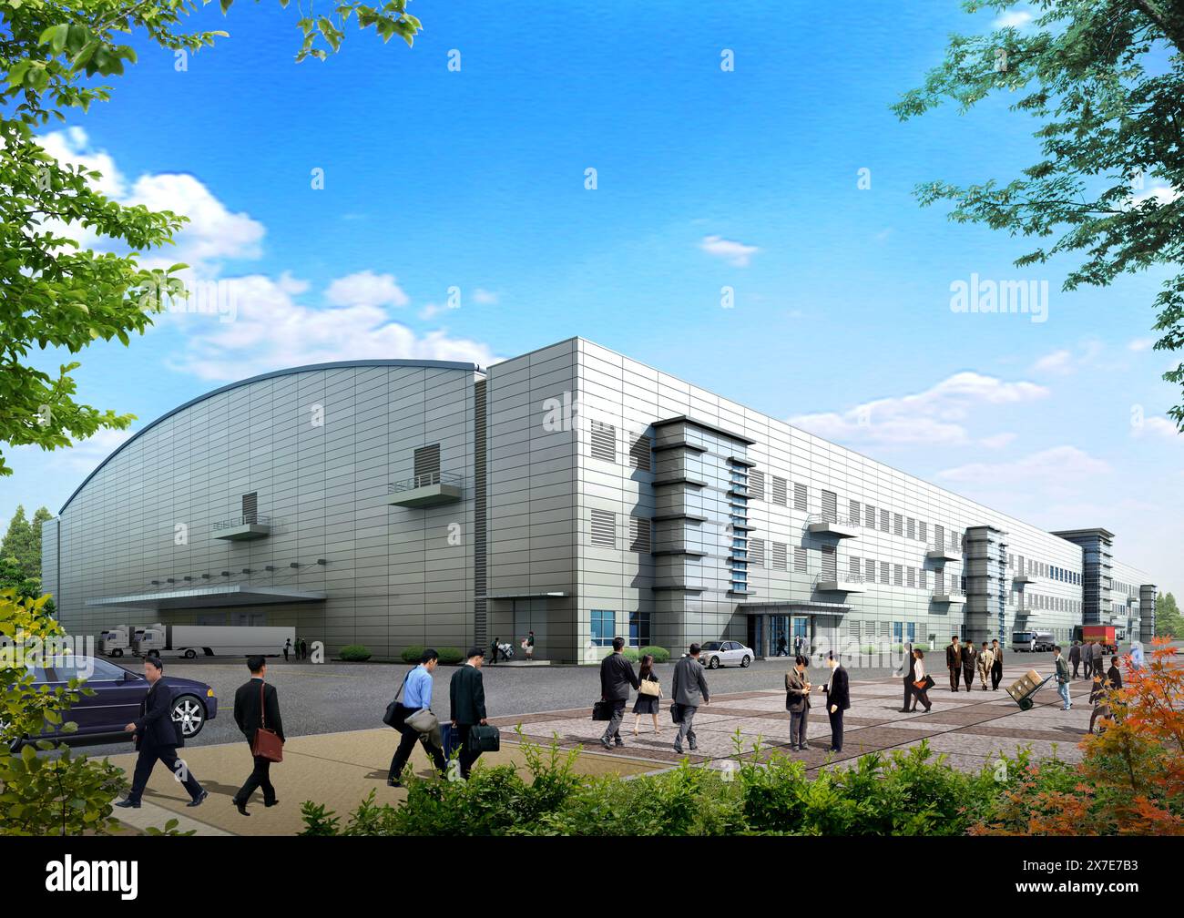 Architektonische Darstellung eines modernen Fabrikkomplexes zur Herstellung von Halbleitern Stockfoto