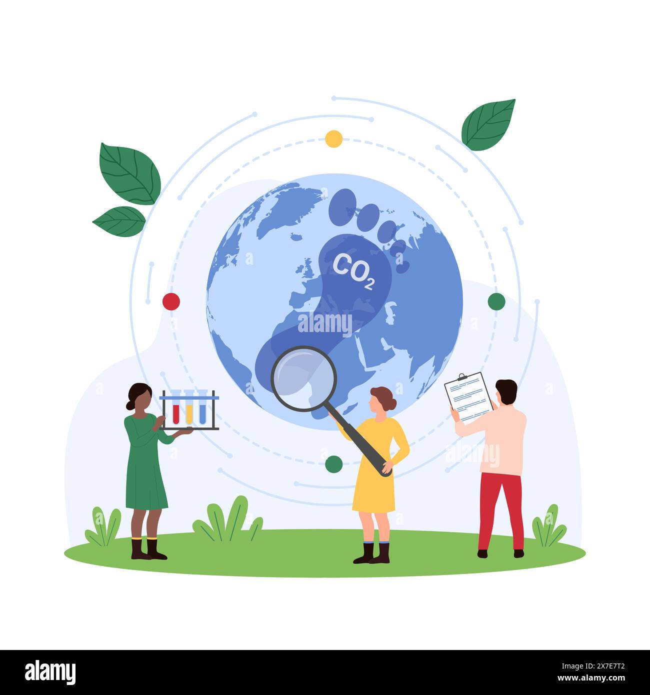 Folgenabschätzung des CO2-Fußabdrucks, globale Umweltverschmutzung durch CO2-Forschung. Winzige Menschen schauen durch die Lupe auf den Klimawandel der Erde, Effekt der Emissionen Karikaturvektor Illustration Stock Vektor