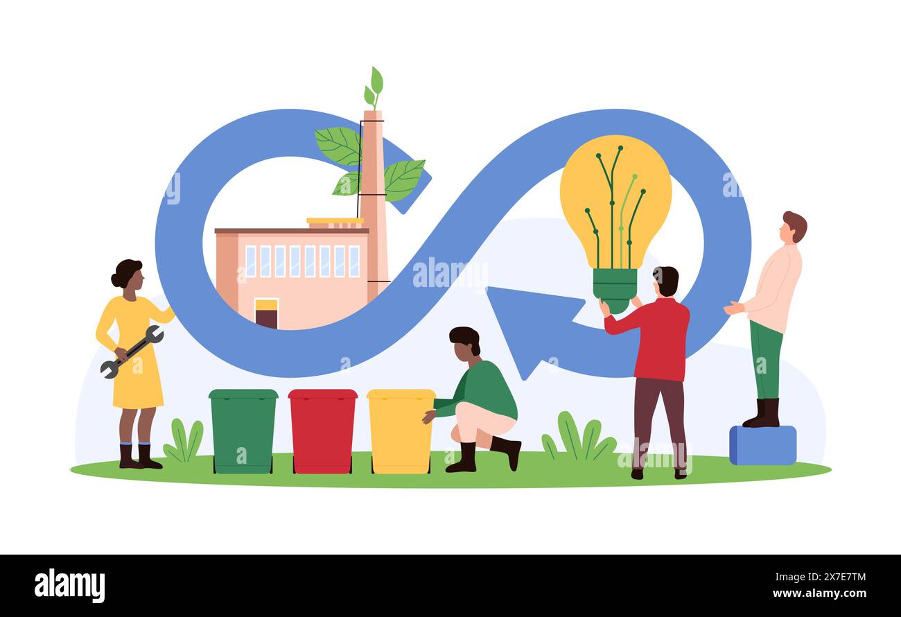 Kreislaufwirtschaft, nachhaltige Unternehmensentwicklung und Fertigungsstrategie, Abfallwirtschaft. Winzige Leute verwenden Materialien in der Industrie in der unendlichen Zirkulation Zyklus Cartoonvektor Illustration Stock Vektor