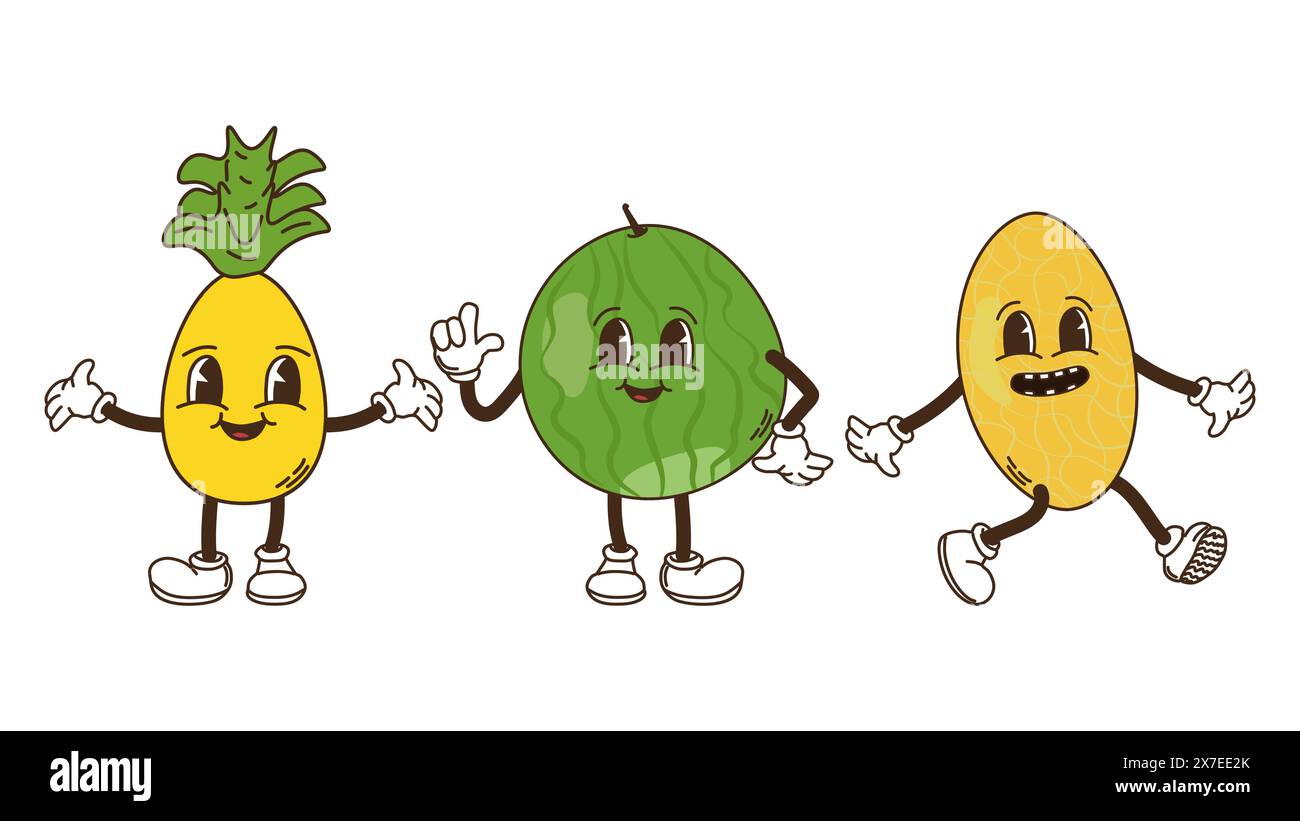 Obst und Beeren im groovigen Stil. Ananas Wassermelone und Melone. Charaktere trendiges Retro-Comic-Maskottchen. Bannerposter entwerfen. Y2K Hippie 70er, 80er Jahre Vektorabbildung. Stock Vektor