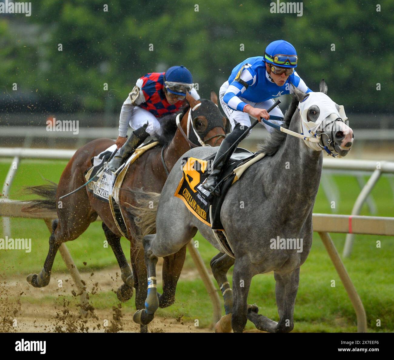 Baltimore, Maryland - 18. Mai: Jockey Irad Ortiz Jr (6) und Frost Free schlagen Jockey Luis Saez (2) und Cats um fünf, um die Chicks lang Stakes zu gewinnen Stockfoto