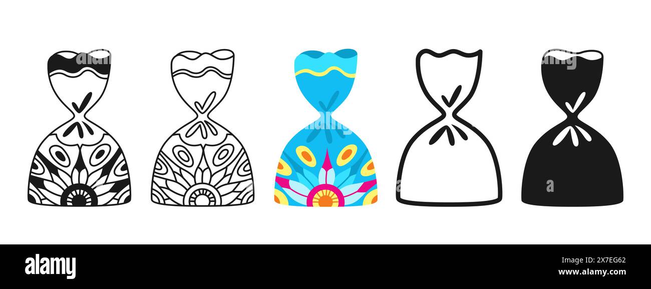 Bonbons mit Ornament umwickelt Schild Set. Süßigkeiten Schokoladentrüffel oder Lutscher Karamellbonbons Snack flache Silhouette, Icon lineares Design. Einfaches Symbol-Dessert für kindliche Party. Umhüllter, leckerer Vektor Stock Vektor