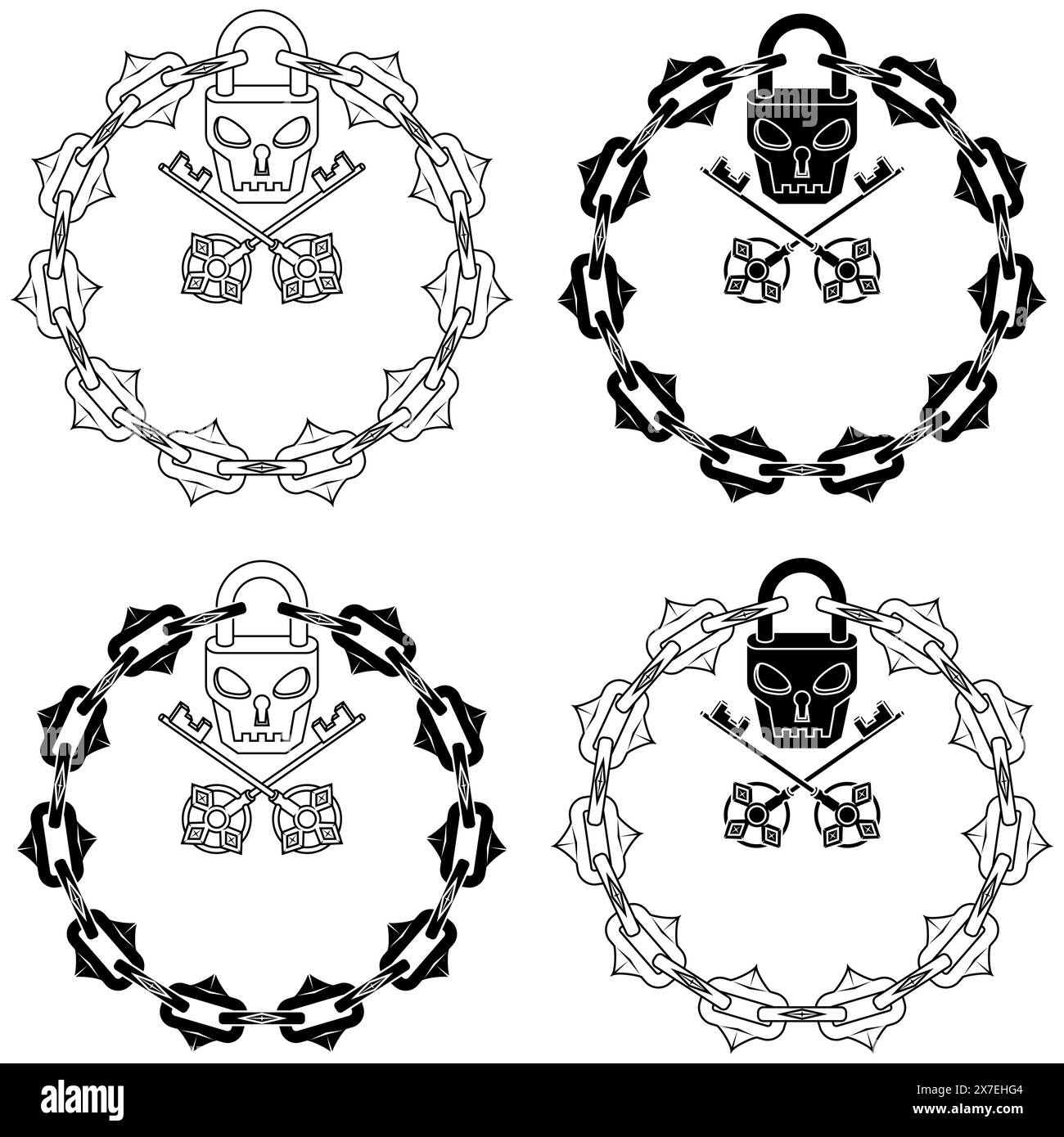 Vektordesign Schädelförmiges Vorhängeschloss mit Schlüsseln und Schneidketten, Kreis mit Kette und schädelförmiges Vorhängeschloss für Dungeons Stock Vektor