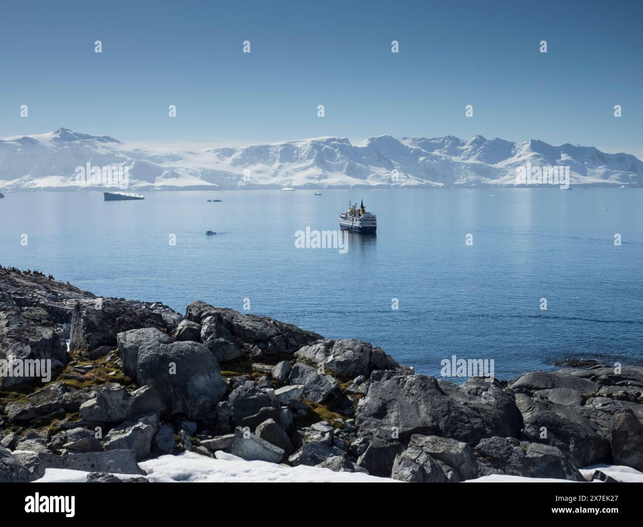 Ein Kreuzfahrtschiff liegt vor Palaver Point, Two Hummock Island, Antarktis Stockfoto