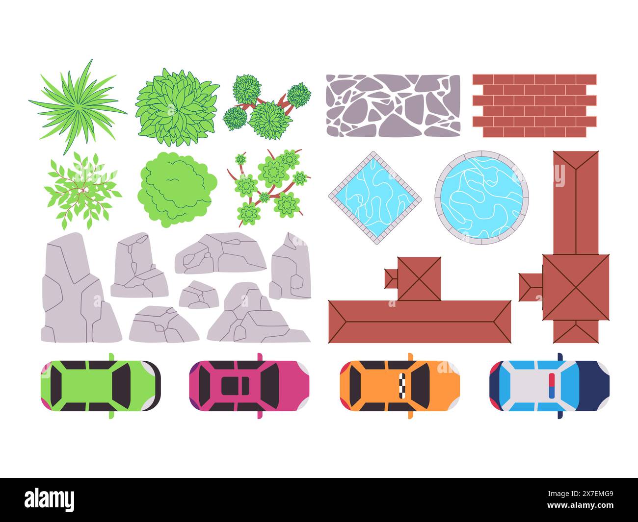 Wohnwagen und Pool mit Blick von oben mit grünem Pflanzstein architektonische Wohnbauinfrastruktur Stock Vektor
