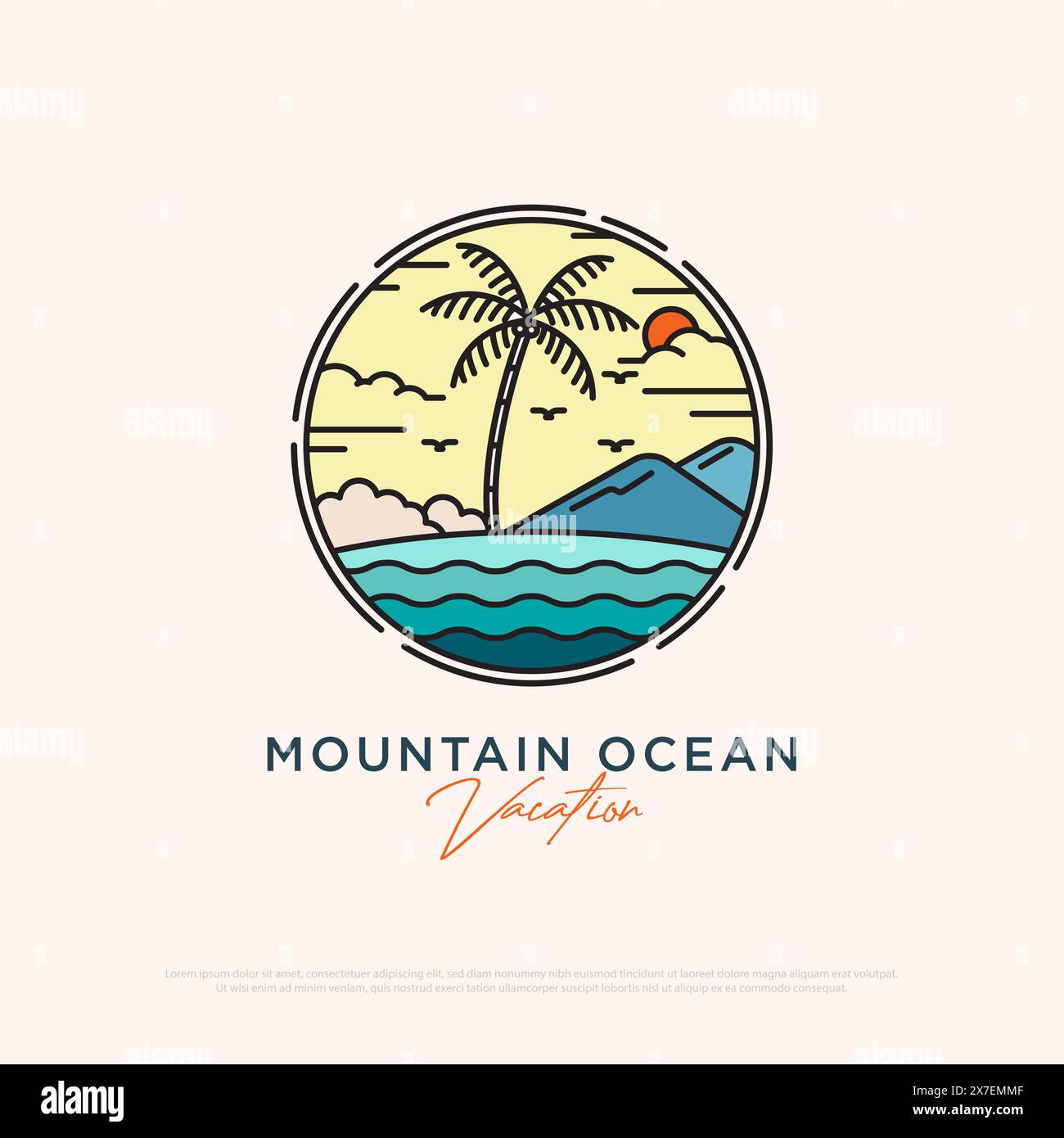 Mountain Ocean Urlaub Logo Design einfache Vektor minimalistische Illustration Vorlage, tropische Outdoor Logo Designs Stock Vektor