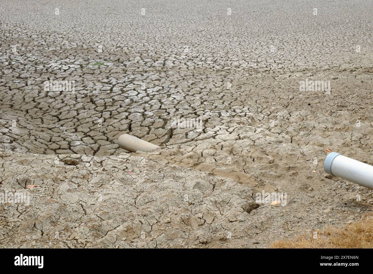 Getrocknete Bodenoberfläche, wasserlose Kanalisationsrohre nach langer heißer Jahreszeit im Mekong-Delta, Vietnam, Klimawandel und El nino machen das harte Wetter der Welt Stockfoto