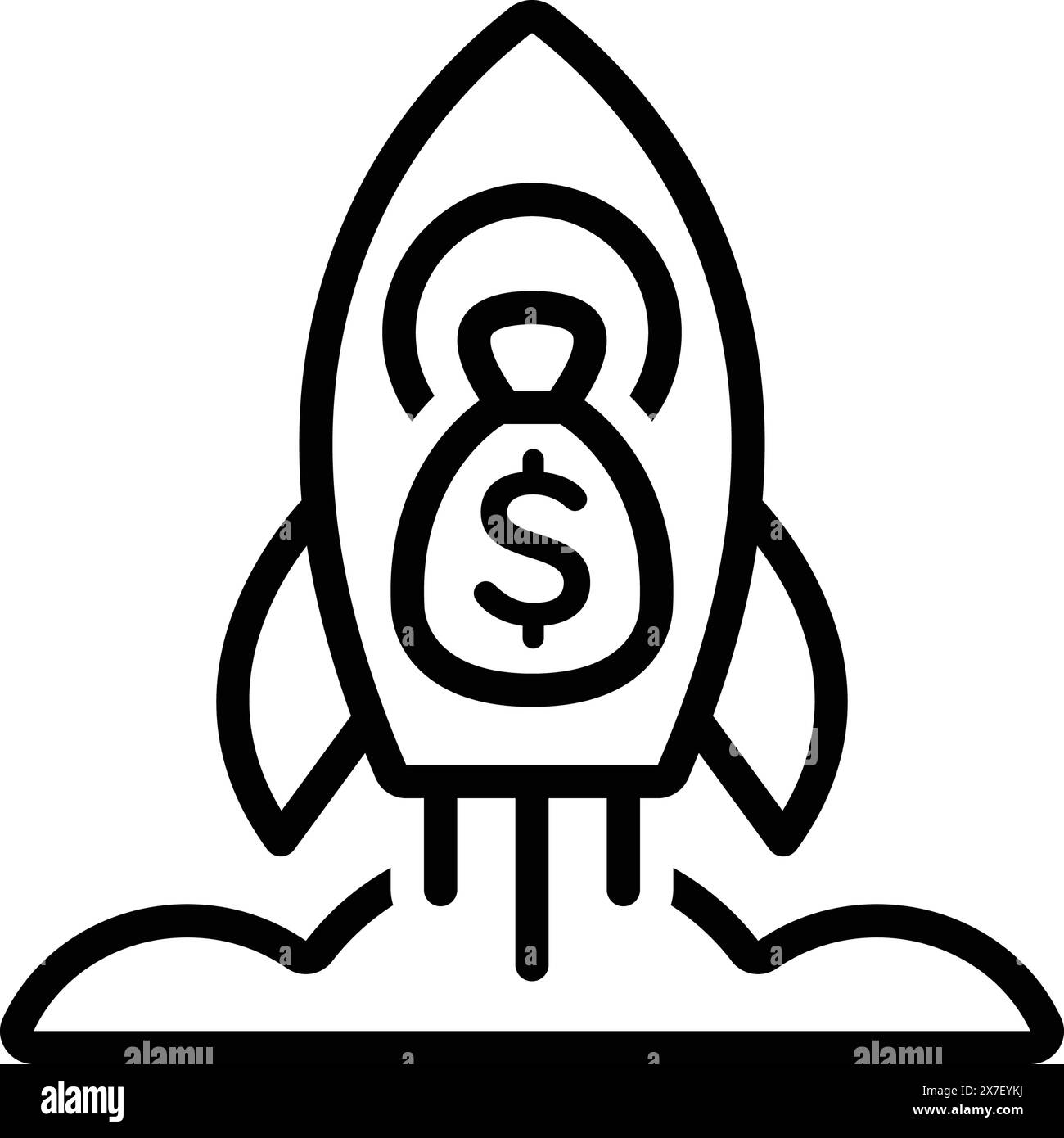 Symbol für Raketenraumschiff mit Geldbeutel voller Dollar, Start Stock Vektor