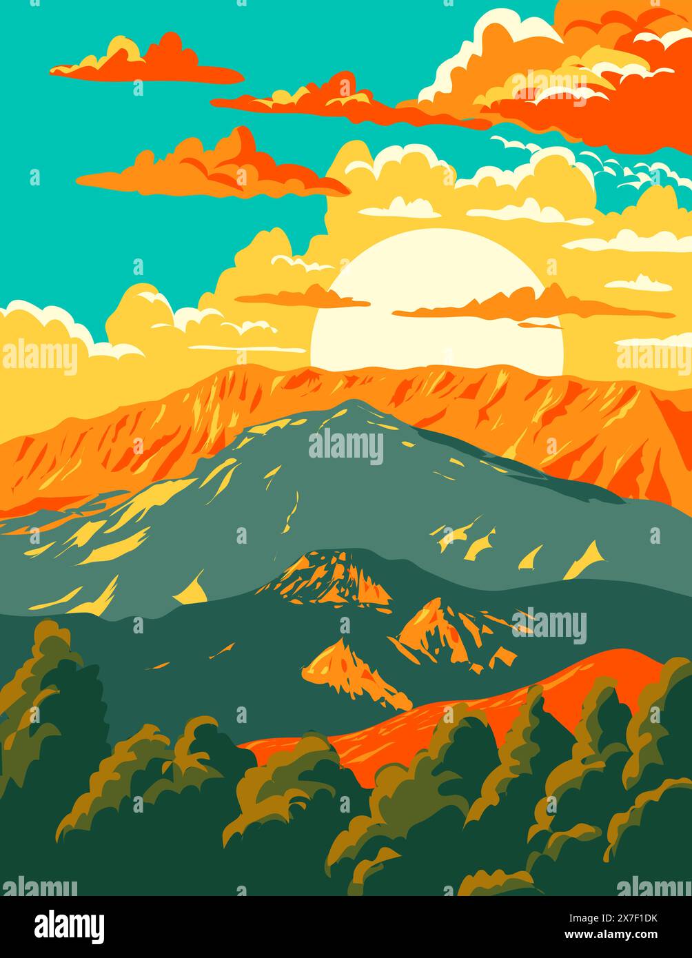 WPA-Posterkunst des Mount Parnassus, einer Bergkette im Parnassos National Woodland Park in Zentralgriechenland, die in der Projektverwaltung oder durchgeführt wurde Stock Vektor