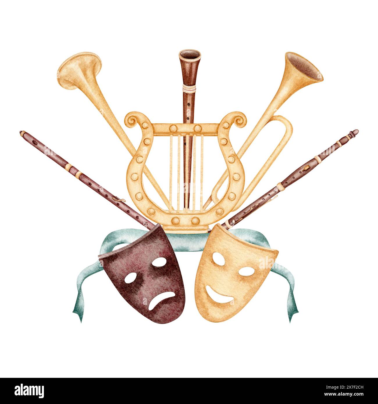 Klassische Musikinstrumente mit Theatermasken und alter Harfe. Handgezeichnete Aquarellillustration isoliert auf weißem Hintergrund. Zum Spielen, zur Oper Stockfoto
