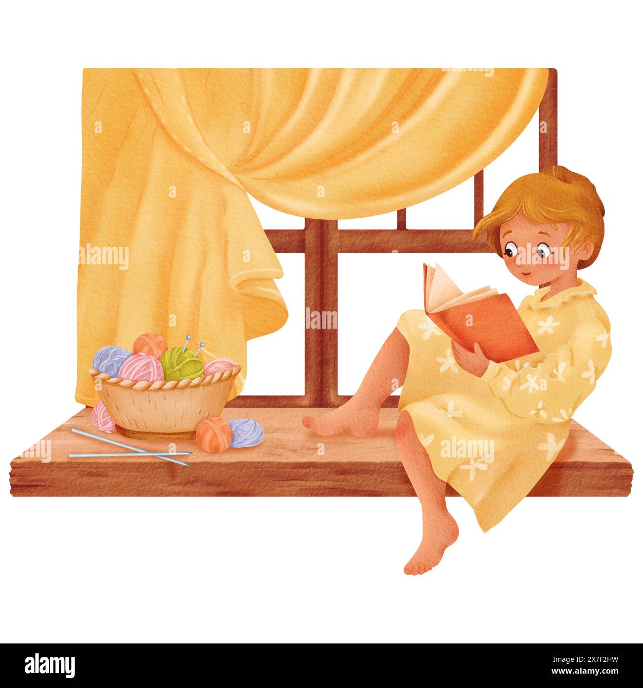 Eine Komposition, die ein Mädchen vor dem Fenster vor einem Hintergrund von Satinvorhängen darstellt, ein Strickbuch. Ein Korb mit mehrfarbigen Garn-Knäueln drauf Stockfoto