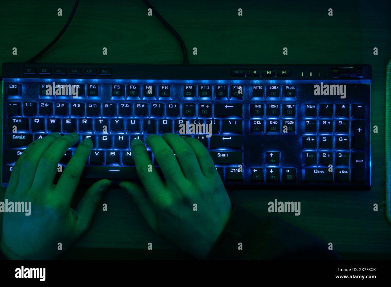 Close-up auf der Gamer Hände auf der Tastatur, Tasten, Spielen MMO-Spiele Online. Hintergrund Leuchtet mit Neonlicht. Stockfoto