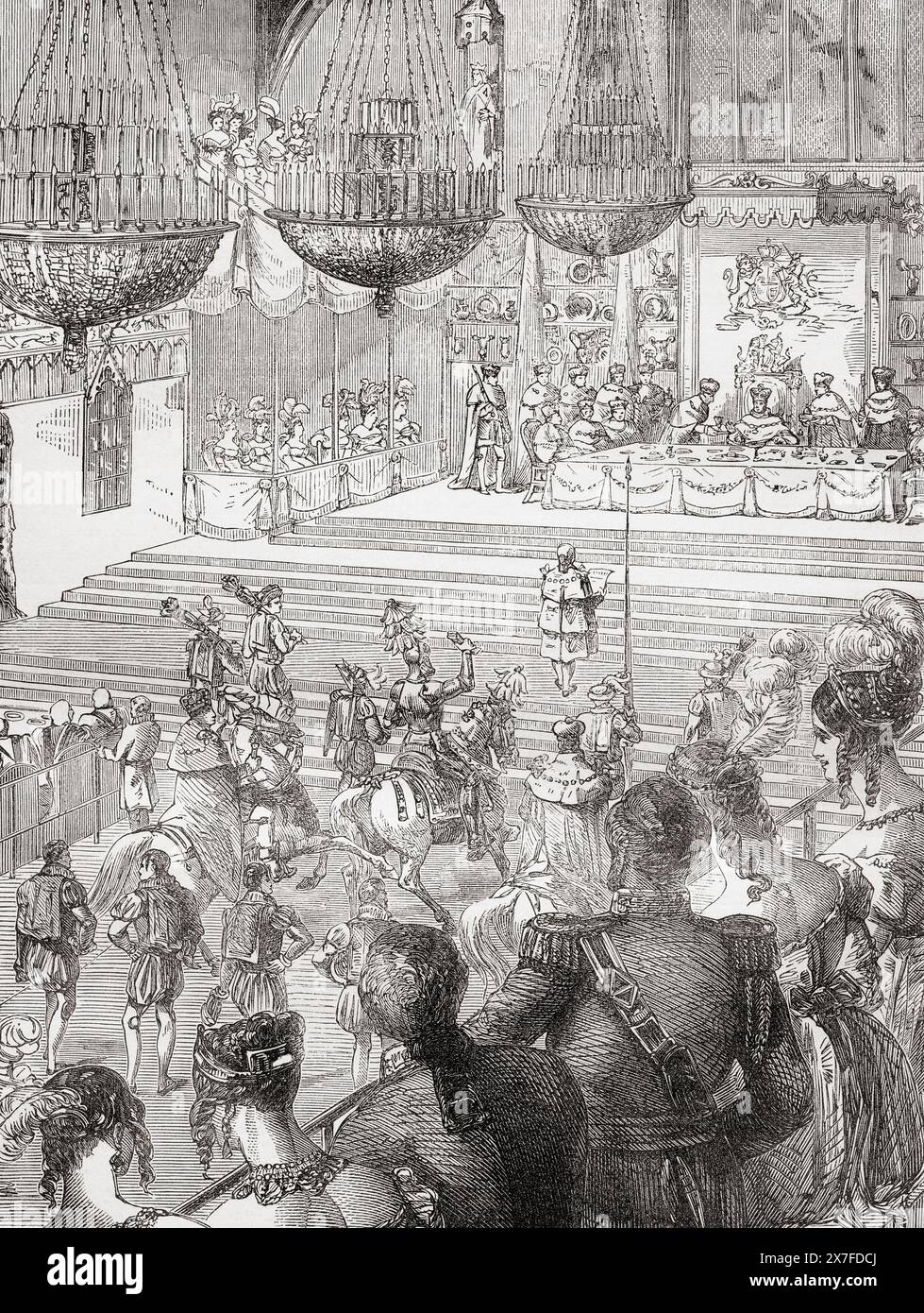 Bankett in der Westminster Hall anlässlich der Krönung von Georg IV. Am 19. Juli 1821. Der Champion's Challenge. Georg IV., 1762–1830. König des Vereinigten Königreichs von Großbritannien und Irland und König von Hannover, 1820–1830. Aus Cassells illustrierter Geschichte Englands. Stockfoto