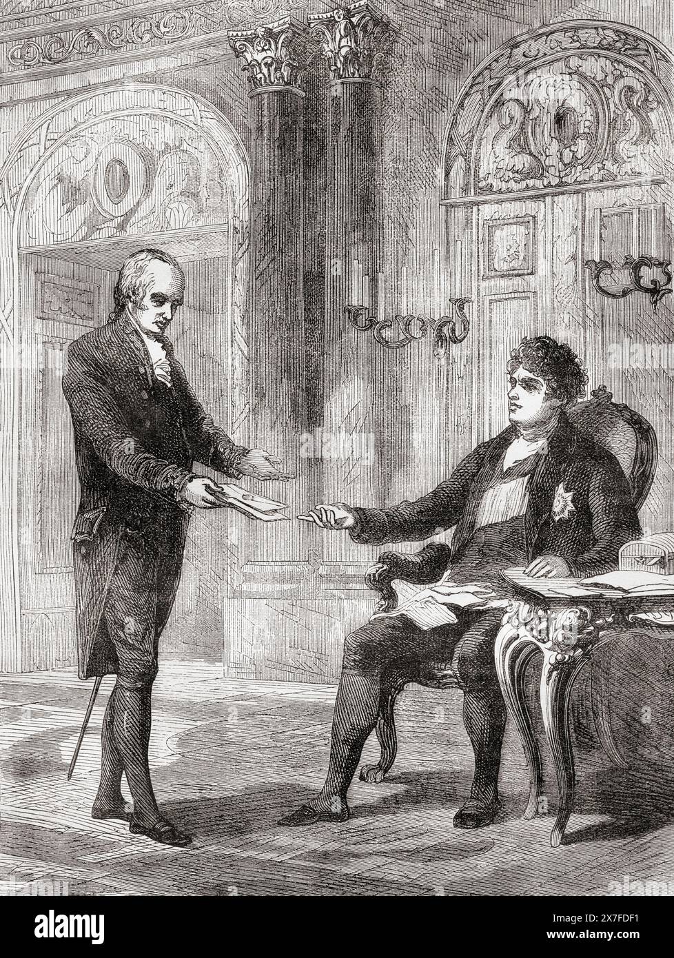 Canning erhielt seine Ernennung zum Premierminister 1827 vom Prinzregent George IV. George Canning, 1770–1827. Britische Tory Staatsmann und Premierminister des Vereinigten Königreichs. Georg IV., 1762–1830. König des Vereinigten Königreichs von Großbritannien und Irland und König von Hannover, 1820–1830. Aus Cassells illustrierter Geschichte Englands. Stockfoto