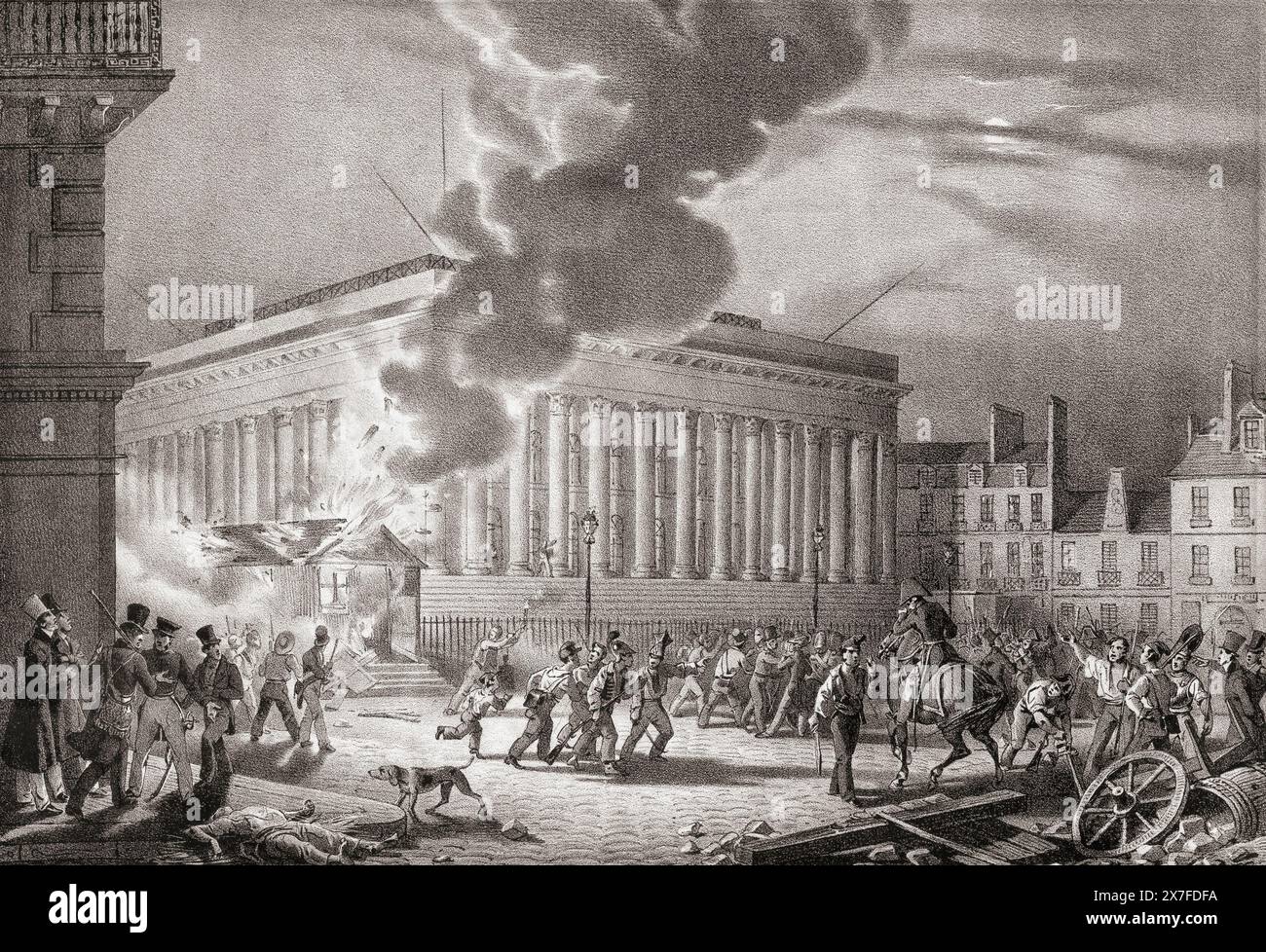 Feuer in der Polizeiwache am Place de la Bourse, Paris, 1830, während der Französischen Revolution von 1830, alias Julirevolution, II. Französische Revolution oder Trois Glorieuses, eine zweite Französische Revolution nach der ersten im Jahr 1789. Nach einem Druck aus dem 19. Jahrhundert. Stockfoto