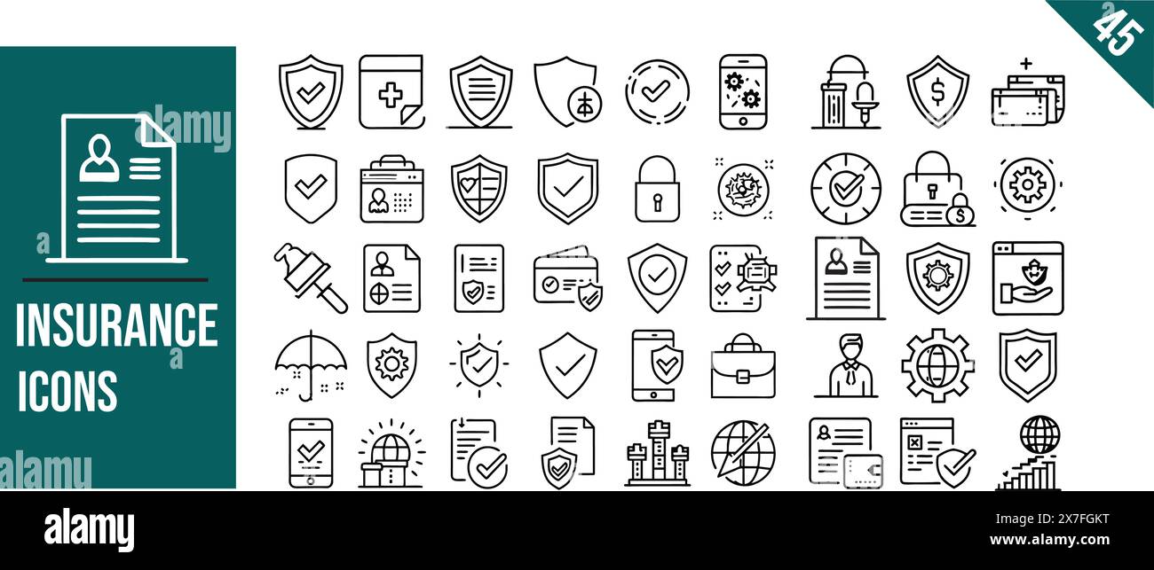 Symbolgruppe "Versicherung". Lineare Symbolsammlung, bearbeitbare Kontur, Vektorillustration. Stock Vektor