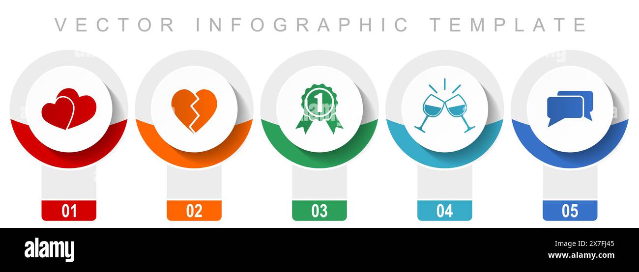 Love-Symbolsatz, verschiedene Vektorsymbole wie Herz, Abzeichen, Toast und Chat, Infografik-Vorlage mit modernem Design, Web-Schaltflächen in 5 Farboptionen Stock Vektor