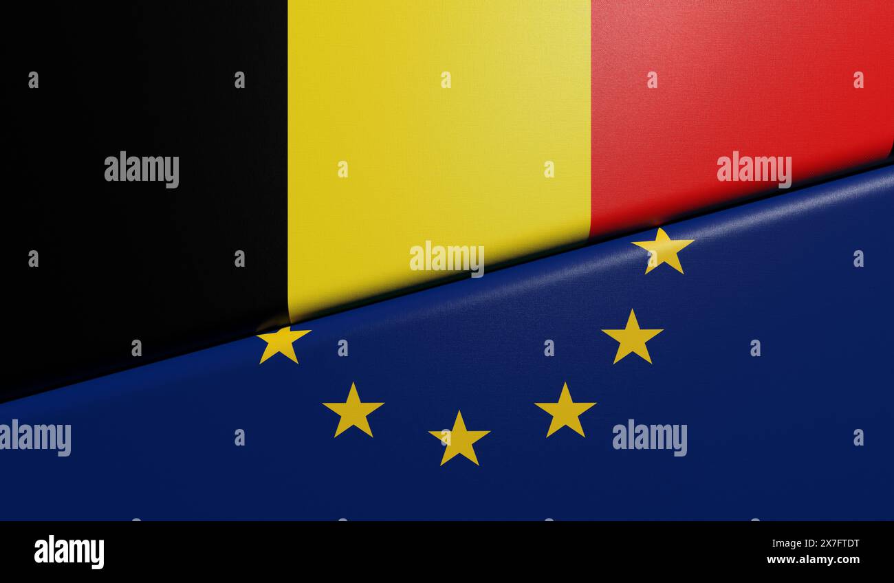 belgische und europäische Flaggen gefaltet und mit Gewebestruktur verklebt – 3D-Rendering Stockfoto