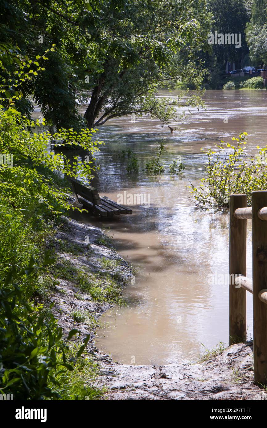 Die Marne in Überschwemmung mit überflutetem Pfad Stockfoto