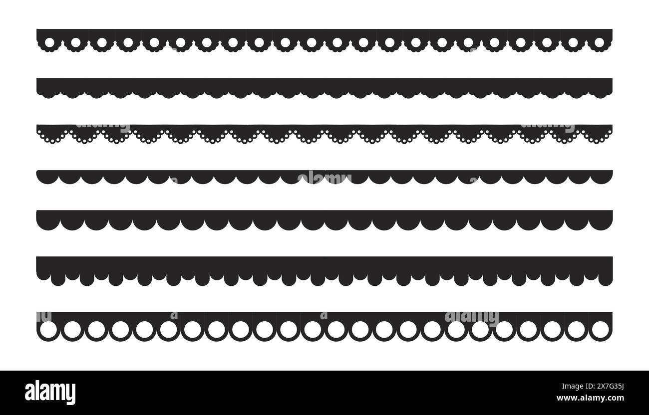 Schwarzer Silhouettenstreifen, Bandkollektion isoliert auf weißem Hintergrund. Traditionelles einfaches Ornament mit Kreisen und Stickband. Vektorabbildung Stock Vektor