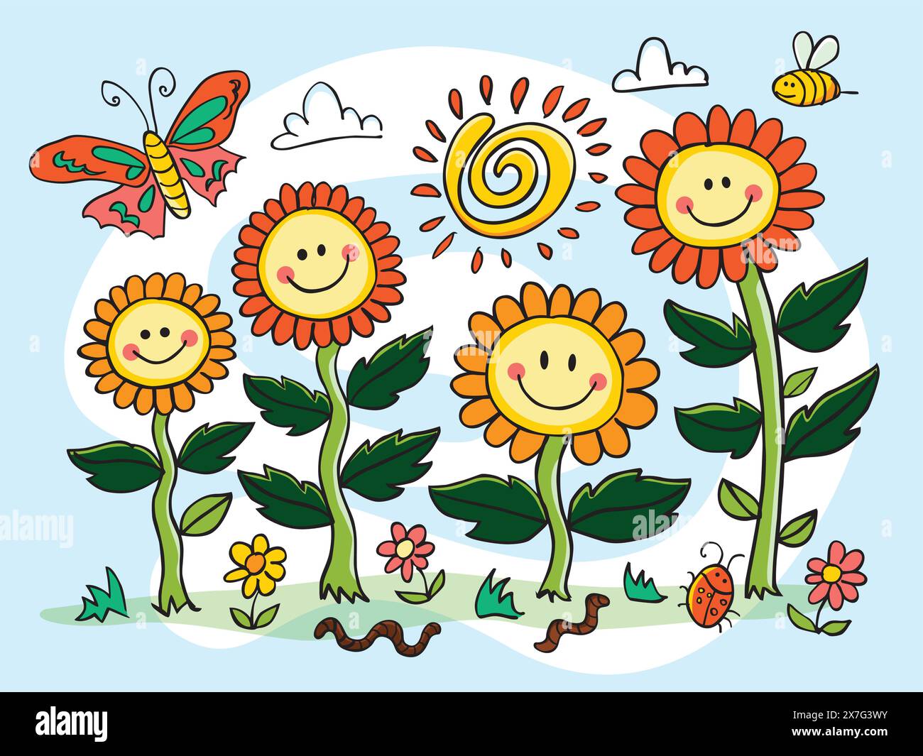 Vektor Bunte Hand gezeichnete Smiley Gesicht Blume Illustration mit Sonnenwirbel und Motte. Geeignet für Grußkarten und Wandbilder. Stock Vektor