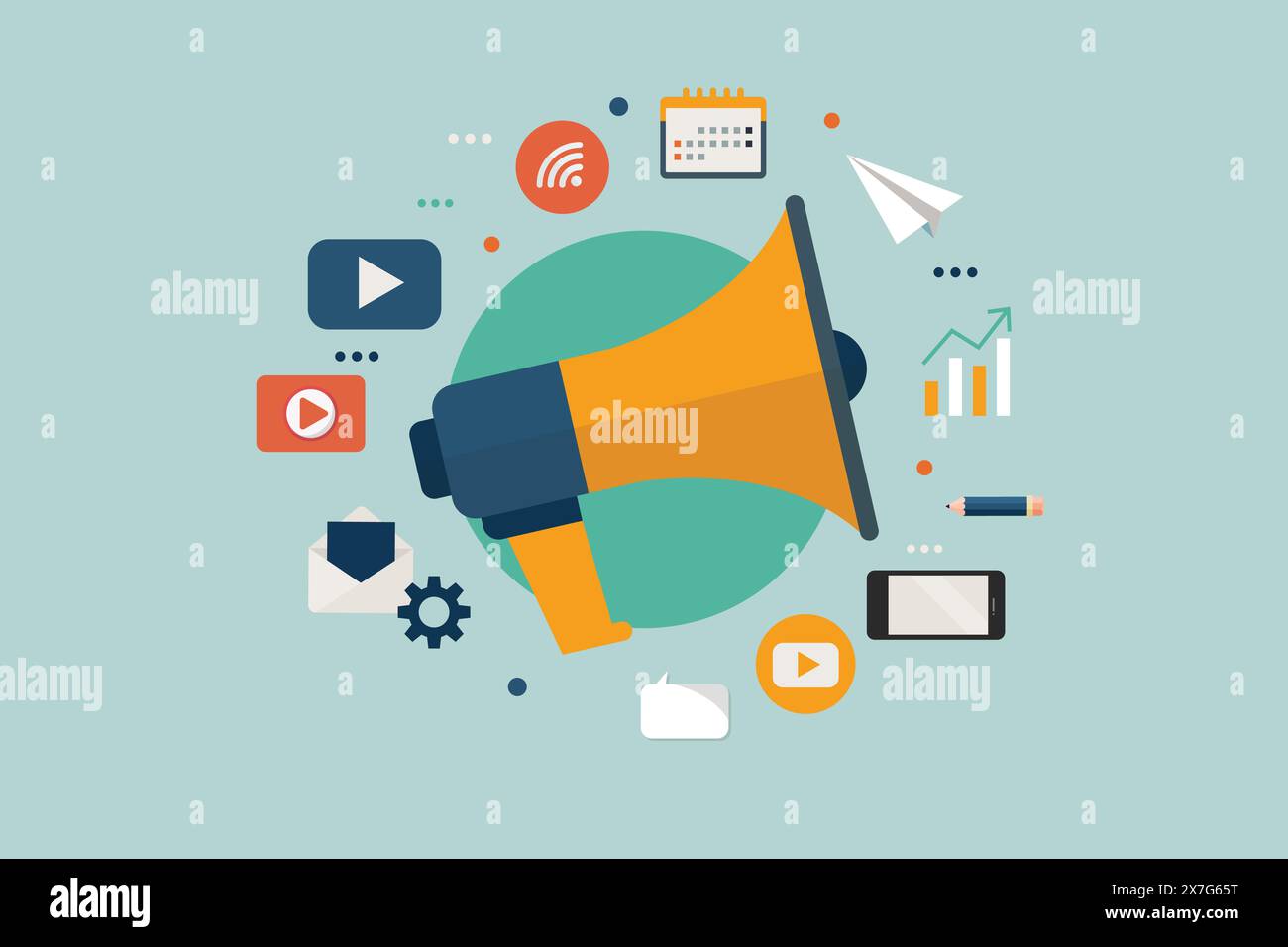 Megaphon mit flachen Symbolen für das Business-Marketing. Illustration des konzeptionellen Vektors des Unternehmens Stock Vektor