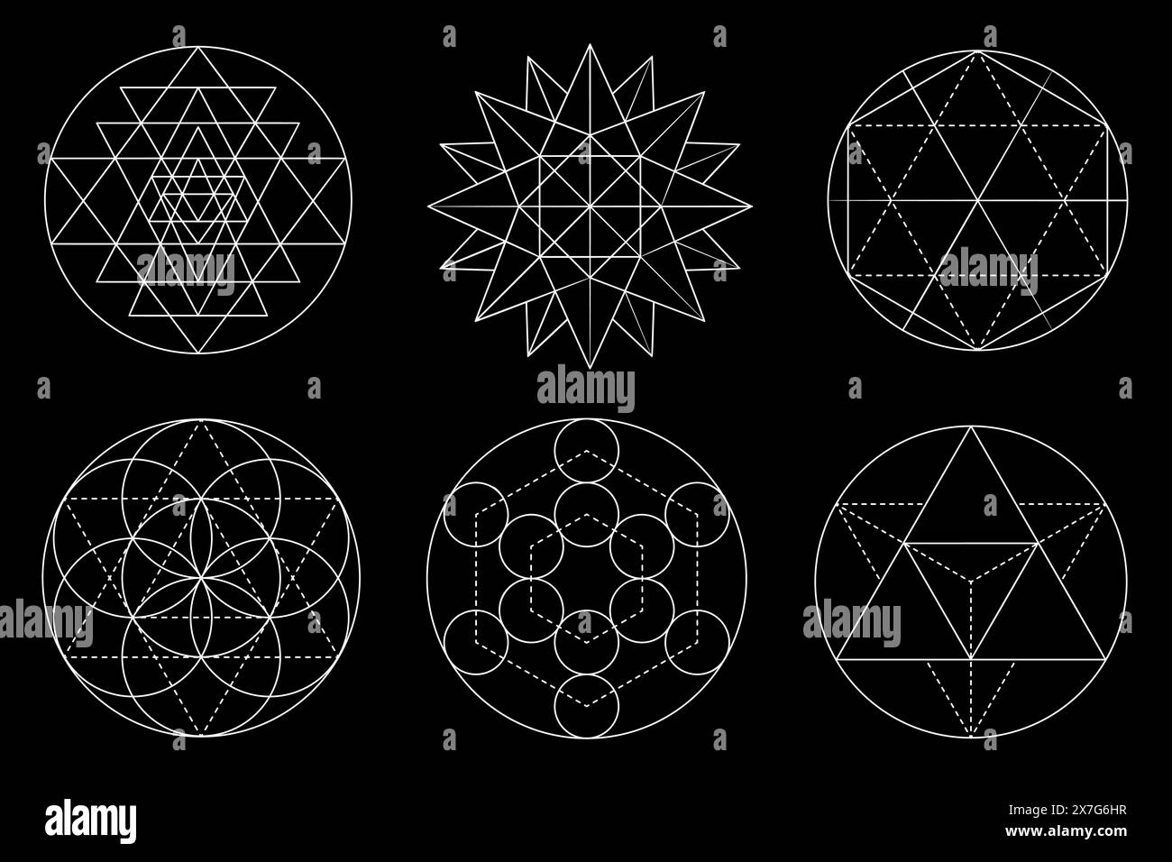 Konstruktionselemente für den Vektor der heiligen Geometrie. Alchemie, Religion, Philosophie, Spiritualität, Hipster-Symbole und Elemente isoliert auf schwarzem Hintergrund. Vektorabbildung Stock Vektor