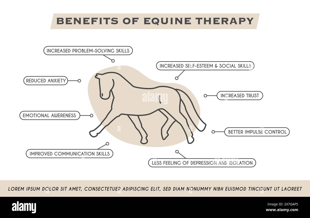 Vorteile des Reiten Square Banners. Infografik-Poster für Reitsport. Körperliche und psychische Gesundheit für Reiter. Pädagogischer Vektor Stock Vektor