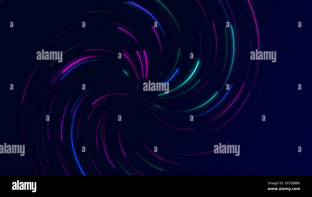Dynamisches abstraktes Design mit farbenfrohen Neonlichtern vor dunklem Hintergrund für einen lebendigen, futuristischen Effekt. Stockfoto