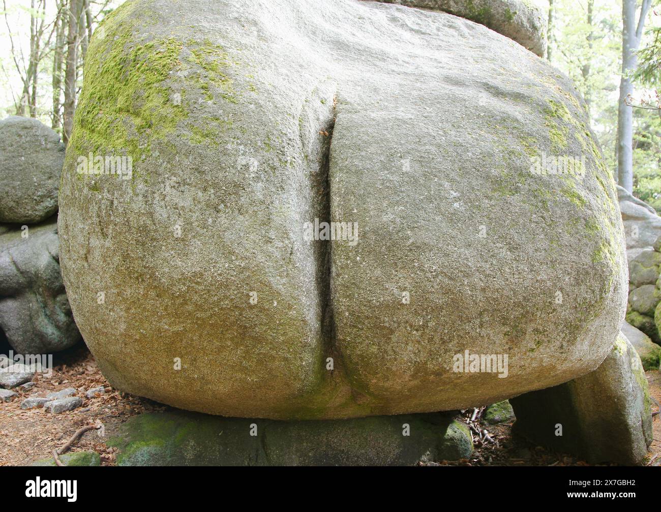 Der lustigste Felsbrocken in Tschechien - jeder Wanderer möchte ein Foto mit diesem einzigartigen Stück Granit machen. Stein, Stein kann einfach keinen anderen haben Stockfoto