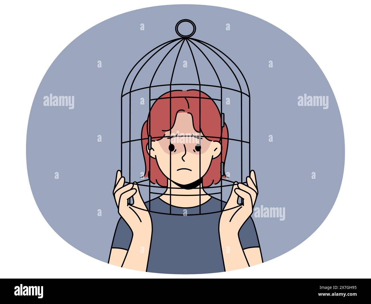 Unglückliches Teenager-Mädchen mit Kopf im Vogelkäfig leidet unter Diskriminierung und mangelnder Freiheit. Aufgebrachtes Teenager-Kind im Käfig mit psychischen Problemen. Vektordarstellung. Stock Vektor