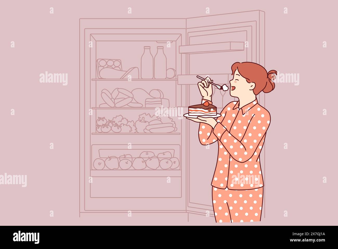 Die Frau isst nachts Kuchen, steht im Schlafanzug in der Nähe des offenen Kühlschranks und riskiert, übergewichtig zu werden. Konzept des Essens von Cholesterinkuchen wegen mangelnder Bereitschaft, Diät zu folgen, die Diabetes verursacht Stock Vektor