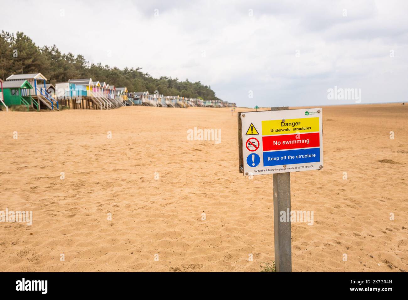 Warnschild am Strand bei Well Next das Meer der Unterwasserstrukturen und kein Schwimmen. Stockfoto