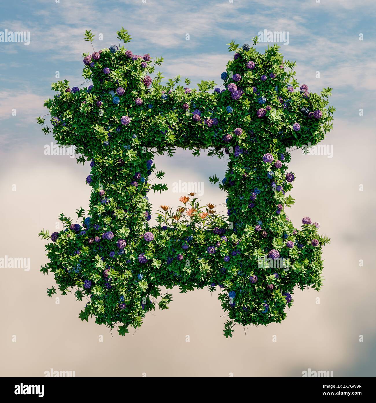 Ein Hashtag-Symbol für soziale Medien mit Blumen, Pflanzen und Gräsern – 3D-Illustration Stockfoto