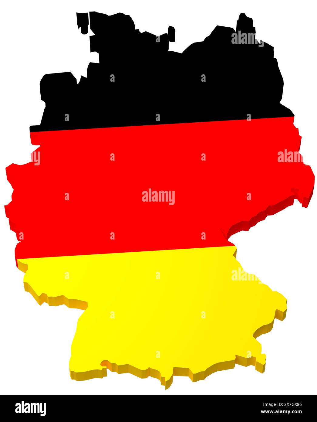 Die Karte von Deutschland überlagert von der deutschen Flagge isoliert auf reinweißem Hintergrund. Stockfoto