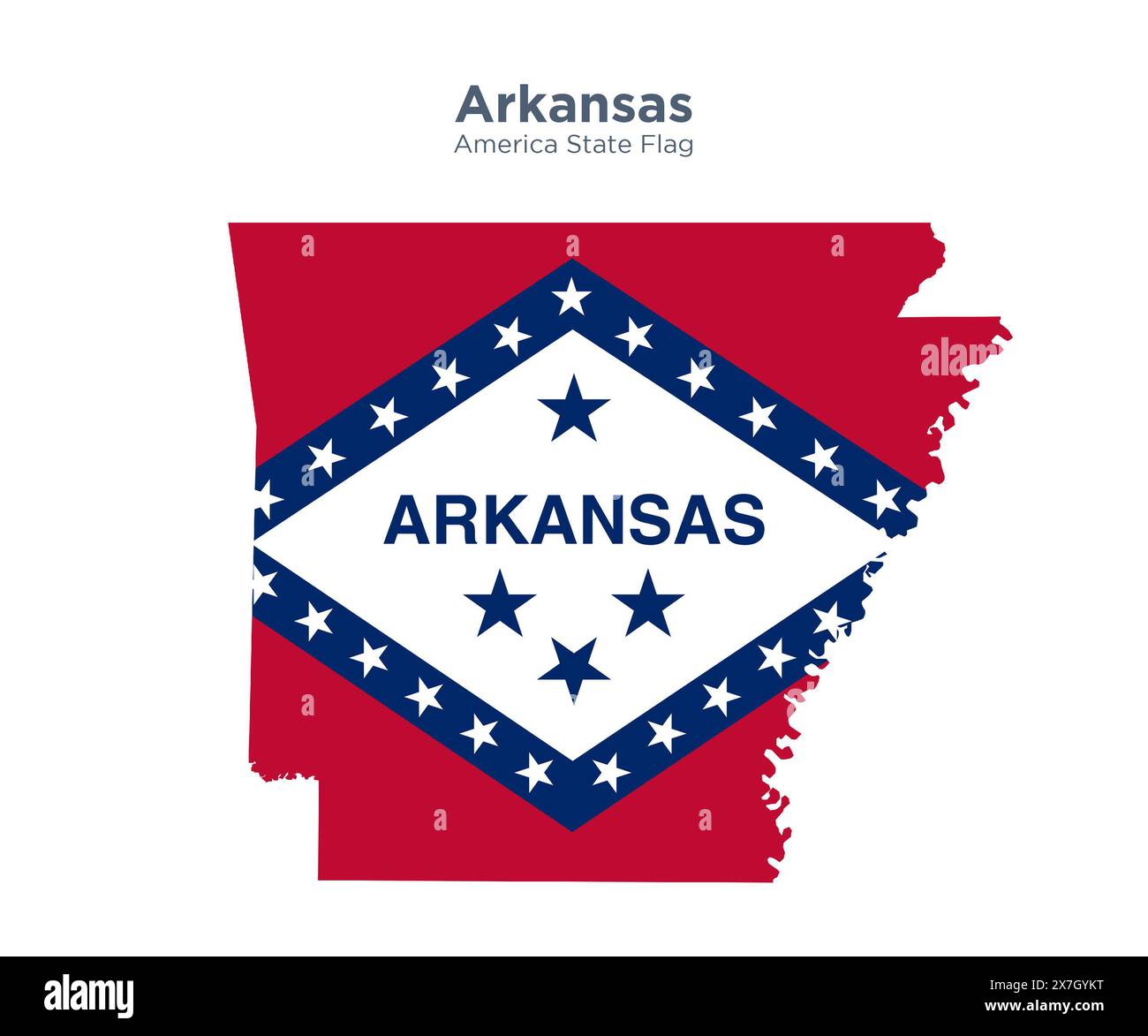 Arkansas Flagge und Karte. Flaggen der US-bundesstaaten und -Territorien. Die amerikanische Flagge und Karte auf weißem Hintergrund. Stockfoto