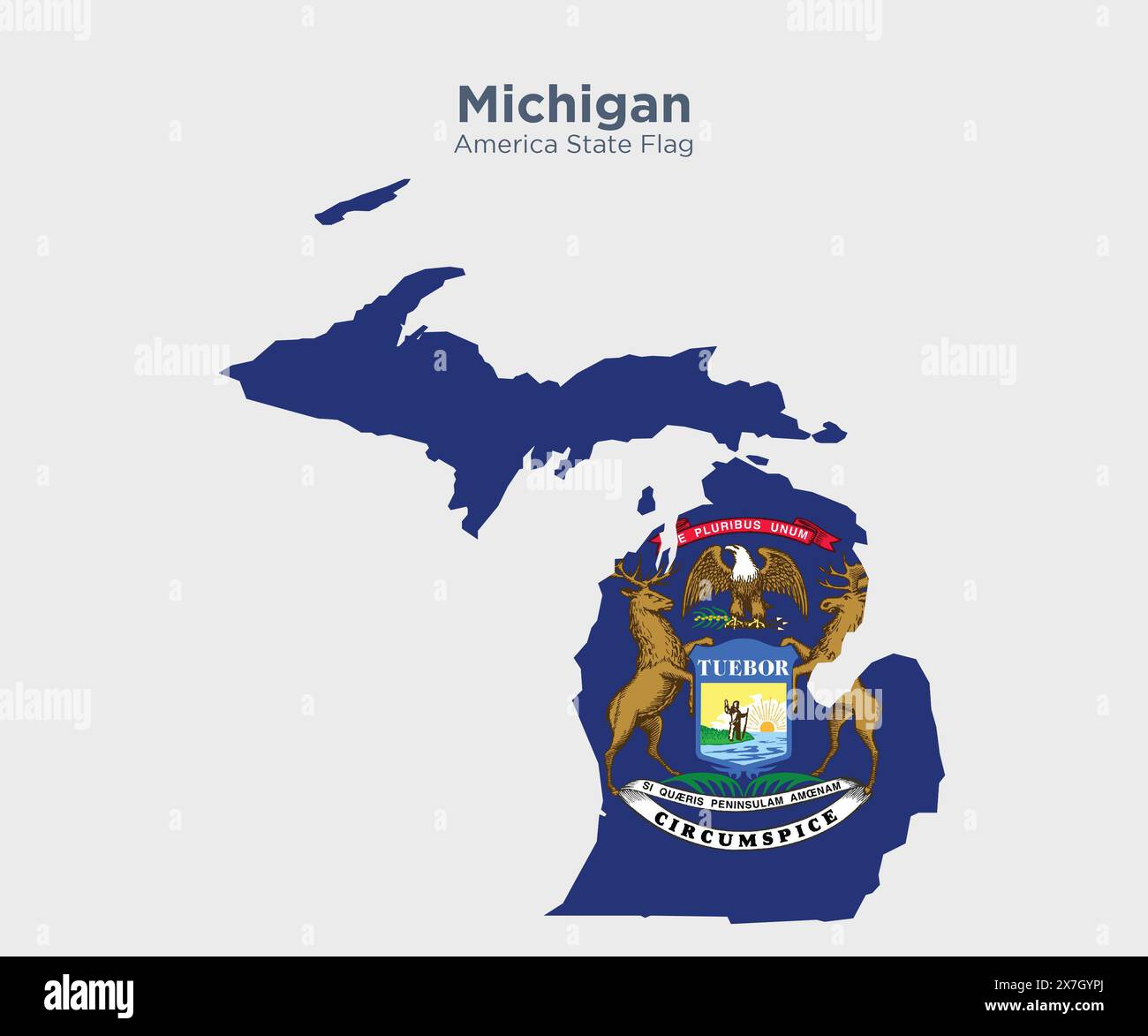 Michigan Flagge und Karte. Flaggen der US-bundesstaaten und -Territorien. Die amerikanische Flagge und Karte auf weißem Hintergrund. Stockfoto