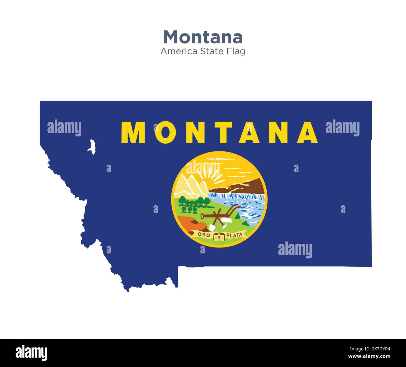 Montana Flagge und Karte. Flaggen der US-bundesstaaten und -Territorien. Die amerikanische Flagge und Karte auf weißem Hintergrund. Stockfoto