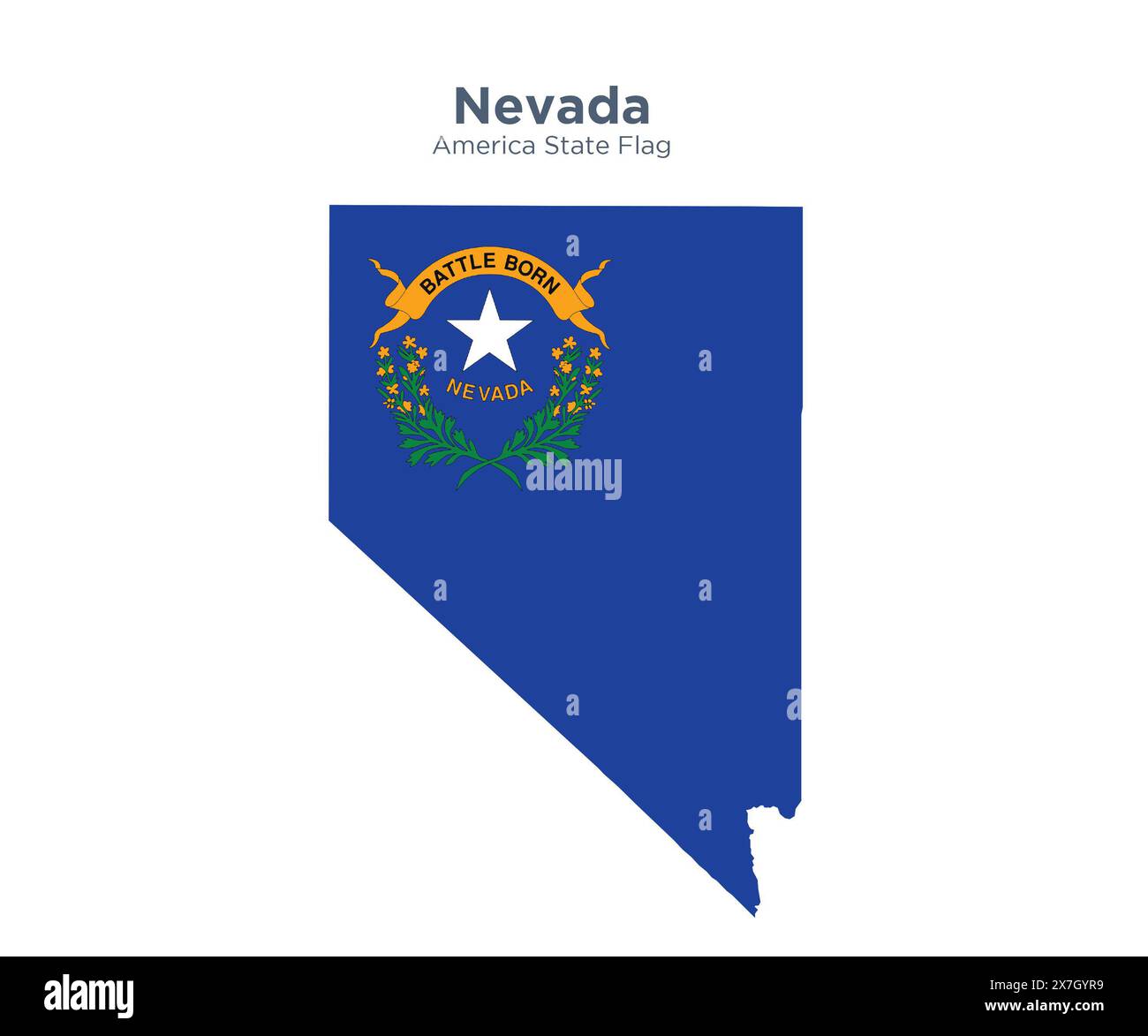 Nevada Flagge und Karte. Flaggen der US-bundesstaaten und -Territorien. Die amerikanische Flagge und Karte auf weißem Hintergrund. Stockfoto