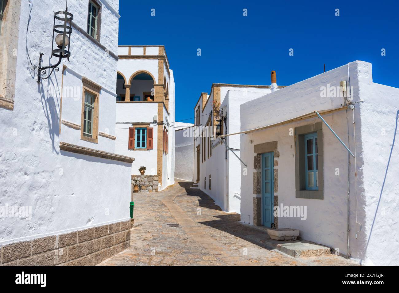 Ikonisches Kloster des Heiligen Johannes des Theologen in Chora der Insel Patmos, Dodekanese, Griechenland Stockfoto