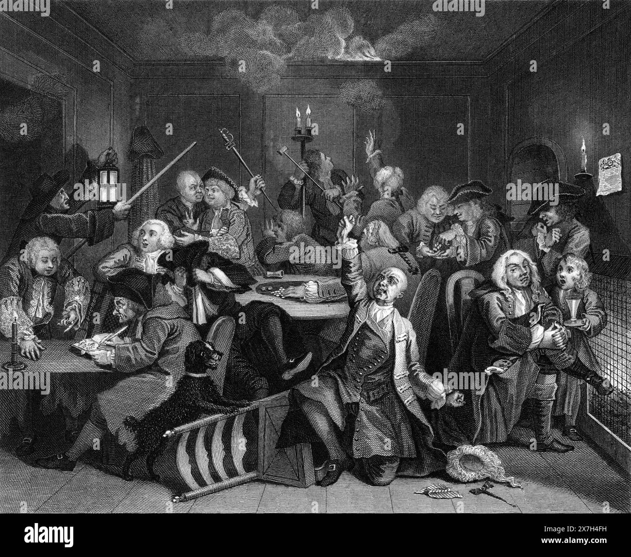 Schwarz-weiß-Illustration: „Gaming House Scene“. Stich nach William Hogarth (1697–1764) aus seiner Serie „The Rake's Progress“ Stockfoto