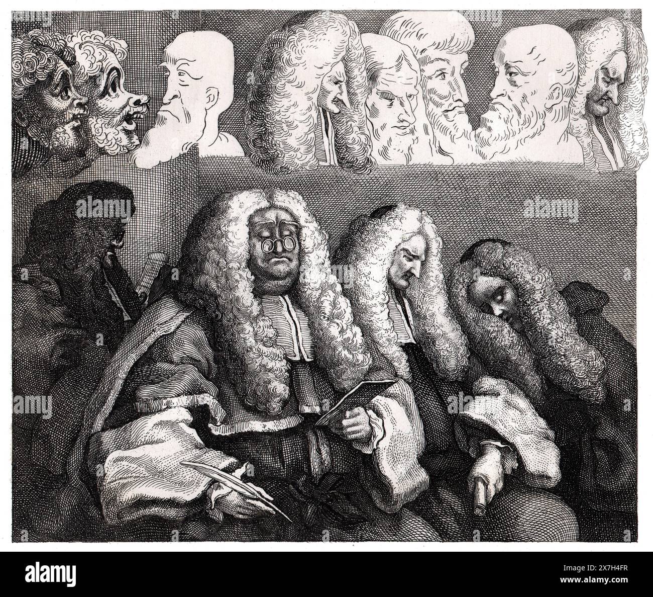 Schwarz-weiß-Illustration: „Die Bank“. Karaktur der Richter. Eine Gravur nach William Hogarth (1697–1764) sollte den Unterschied zwischen Karakter und Karakatur zeigen. Stockfoto