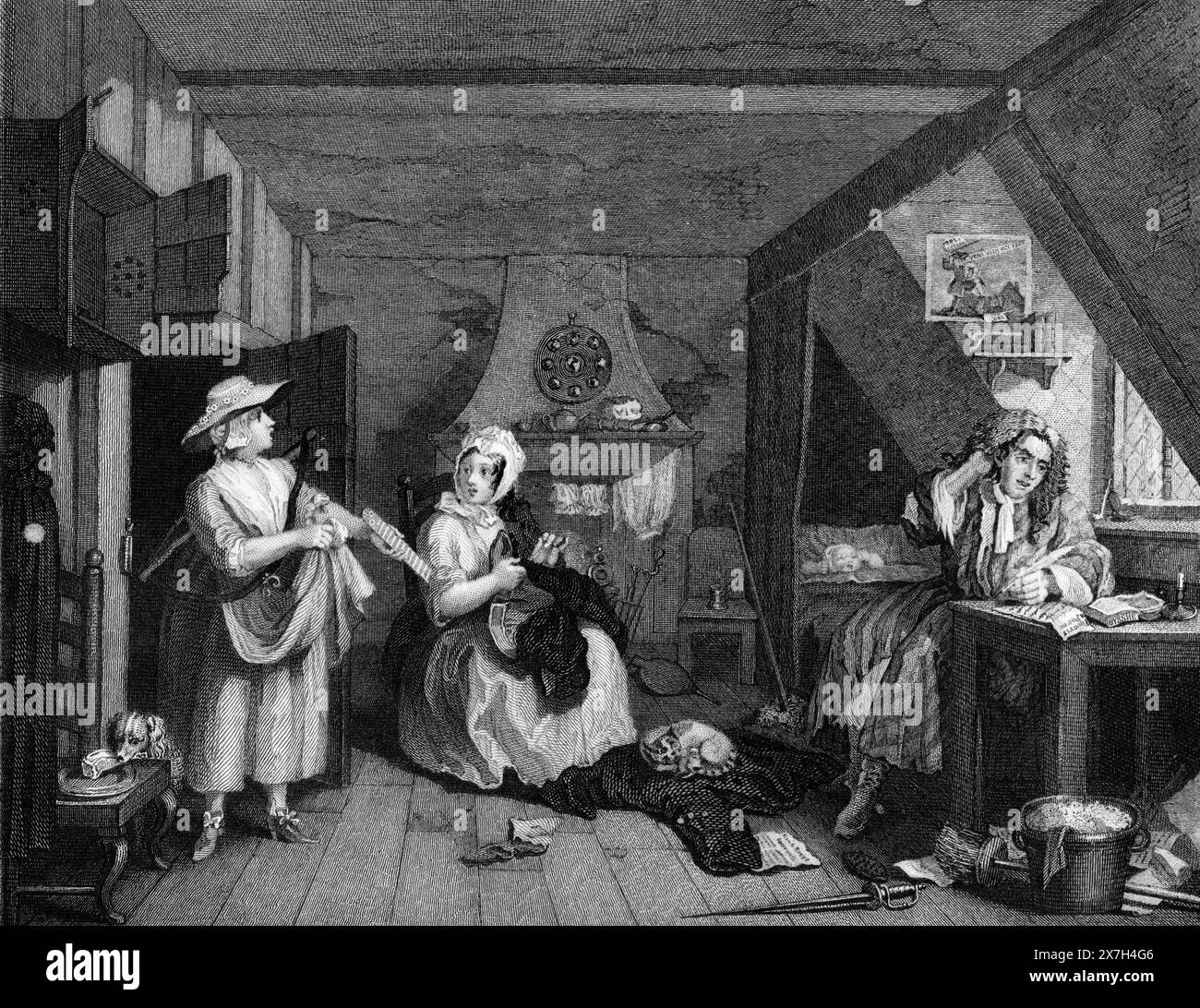 Schwarz-weiß-Illustration: "Der verzweifelte Dichter". Gravur nach William Hogarth (1697 - 1764) Stockfoto